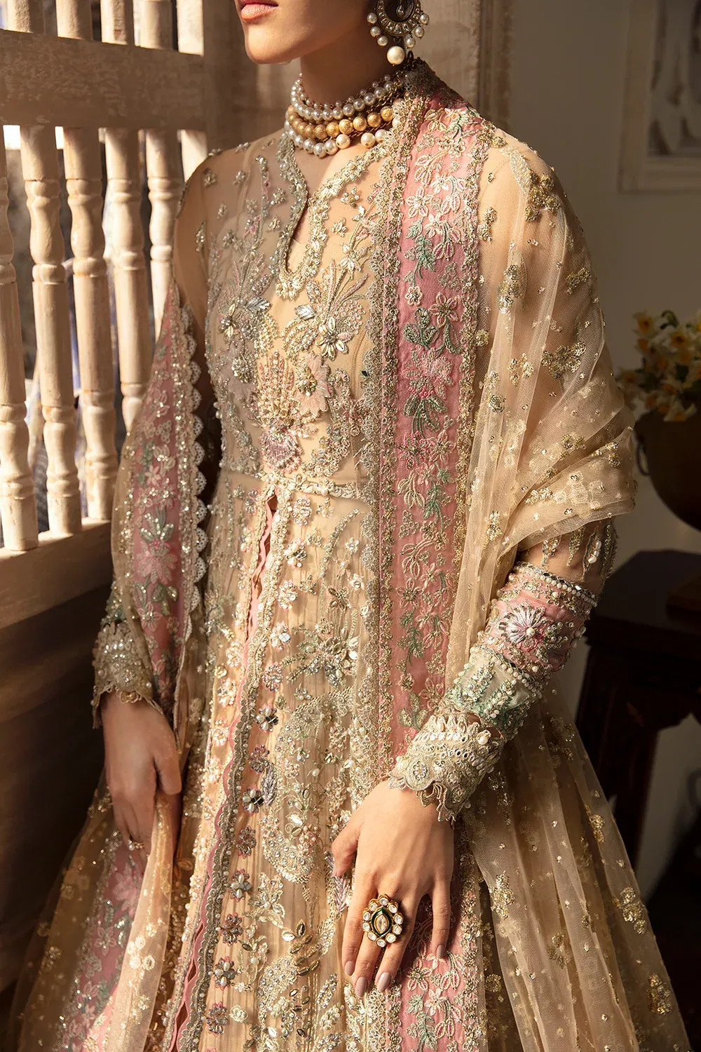 Embroidered Hand Embellished Sleeve Border Gold (Organza)