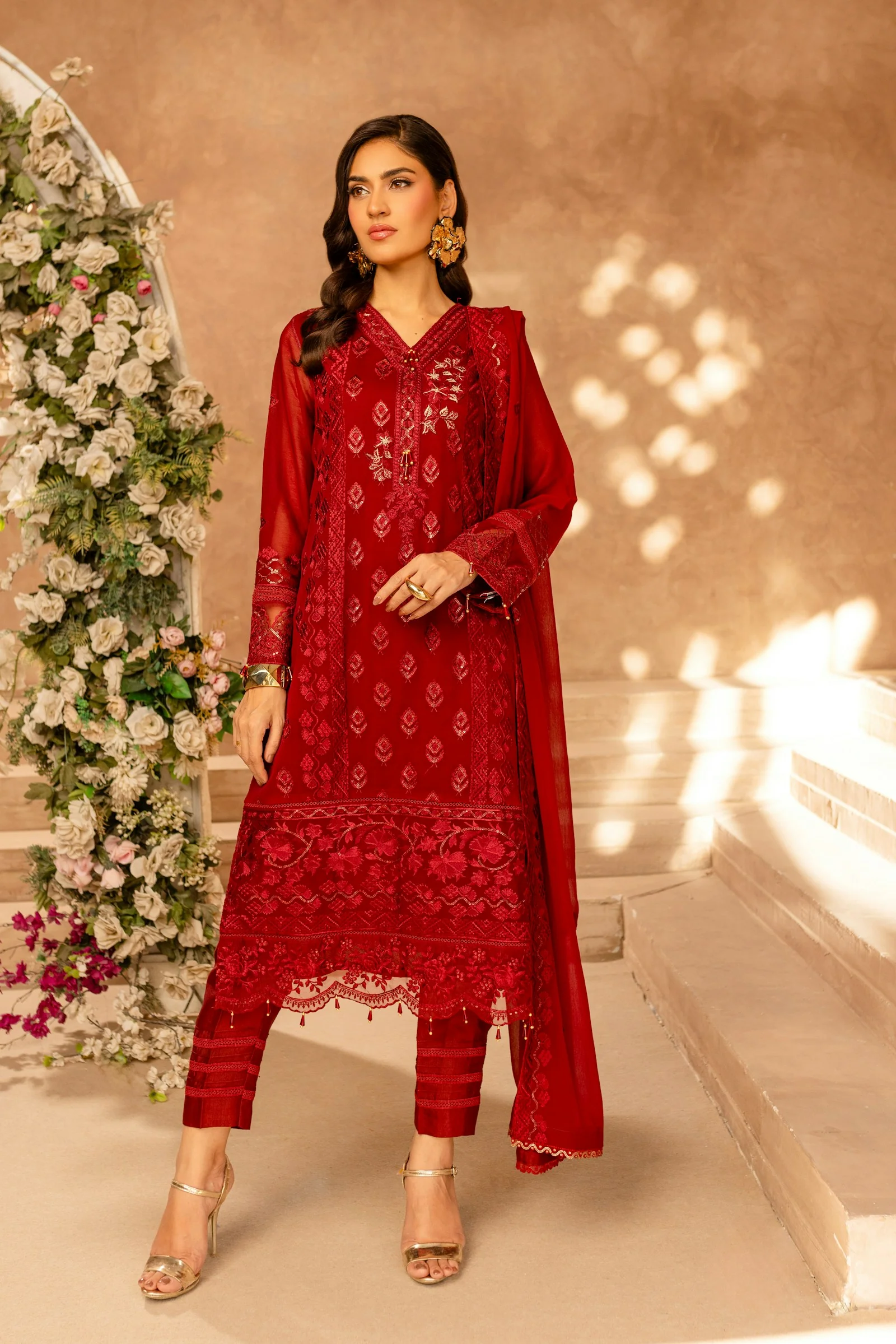 Rania Embroidered Kurta Set in red, front view