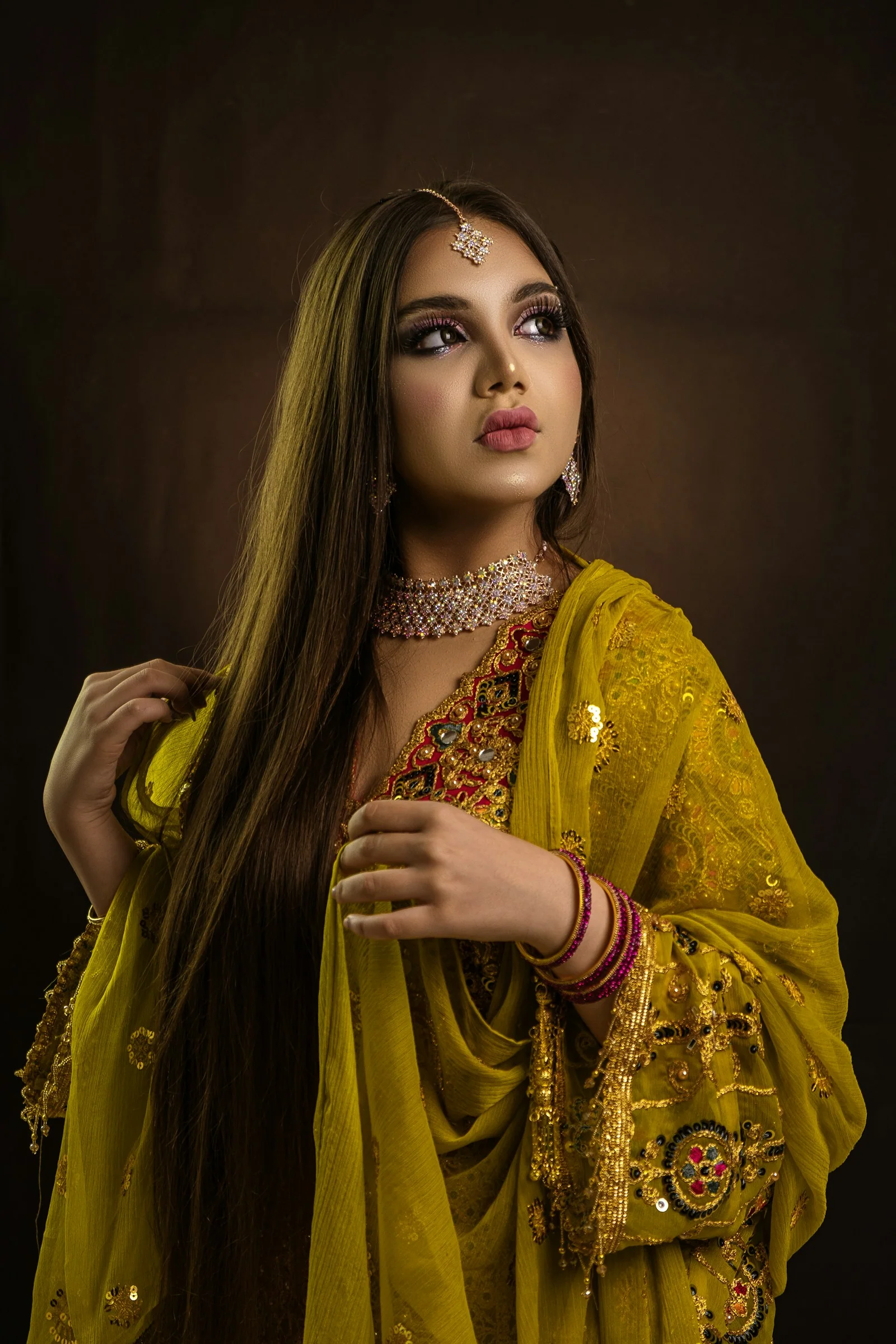 Mehr Peshwas in mustard, side view